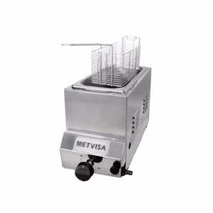 Freidora a Gas Metvisa FG3S de 3 litros con cesta simple. Compacta, eficiente y de calentamiento rápido, ideal para frituras rápidas y uniformes en negocios profesionales